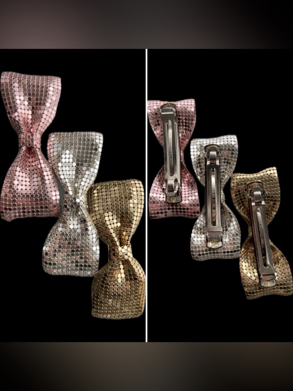 3️⃣Set 1980s Made in France Metal Mesh Chainmail Bow Barrette Gold Silver Rose - Picture 8 of 17